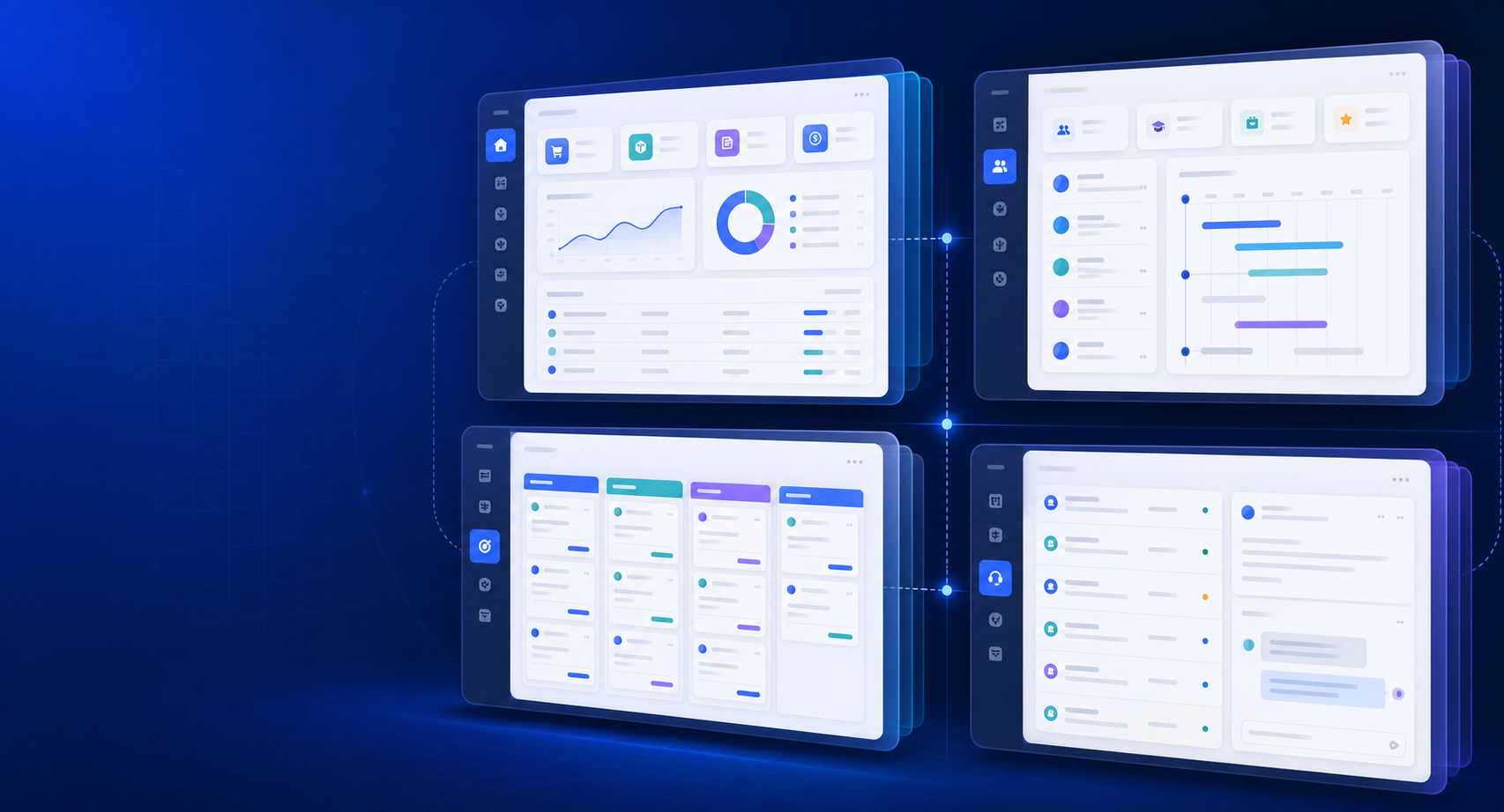 Illustrative dashboard montage showing connected operations, HR, CRM and support workflows